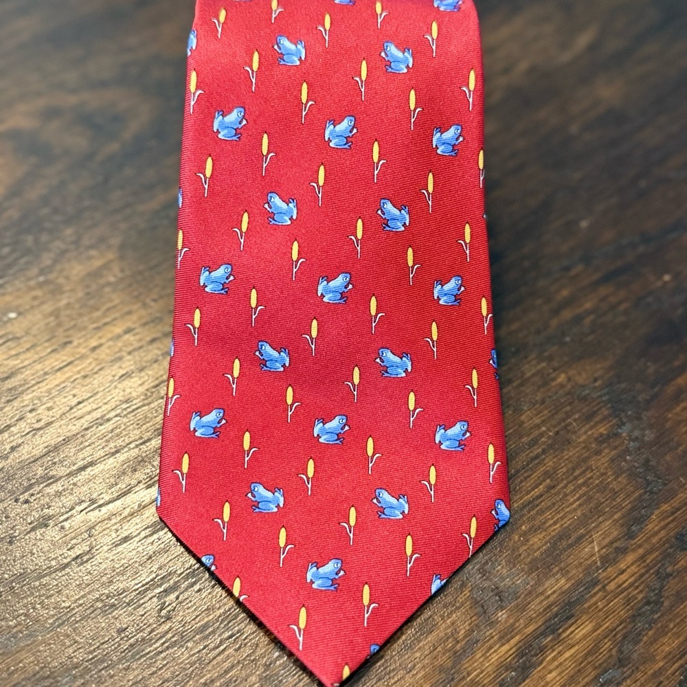 80’s-90’s Harrods Red Silk Tie with Blue Frogs and Yellow Cattails